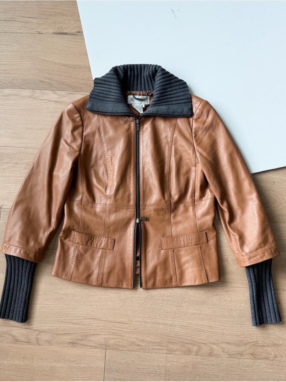 Vintage Y2K Brown Leather Jacket Double Zip Up Grey Knit Details Small Worth